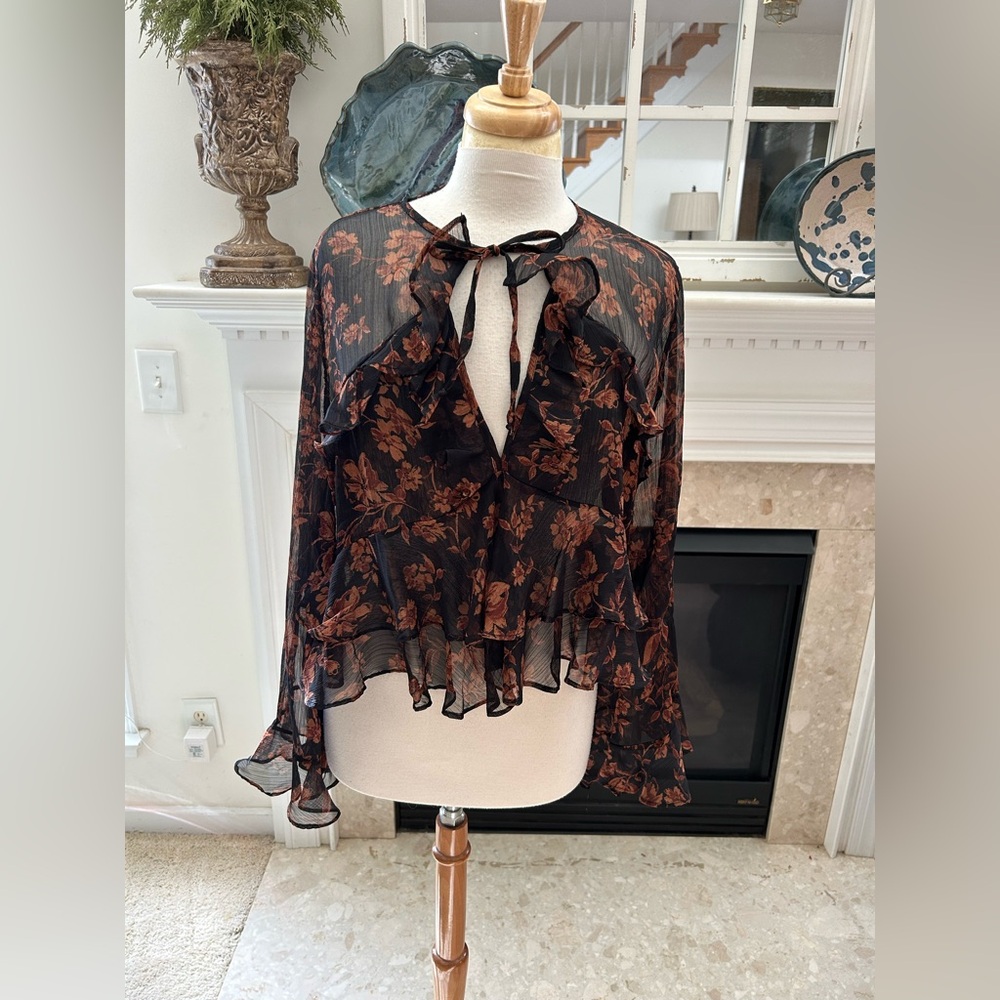 Olivaceous Black and Brown Sheer Floral Blouse